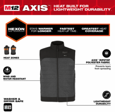 M12 Heated AXIS Vest - Medium, Gray, 2 Heat Zones, Insulated, Waterproof
