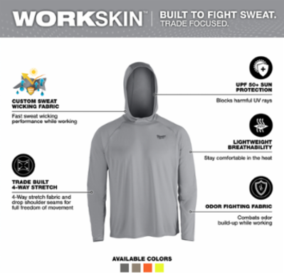 WORKSKINTM Hooded Sun Shirt, Medium, Gray, UPF 50+ Protection, Quick Dry