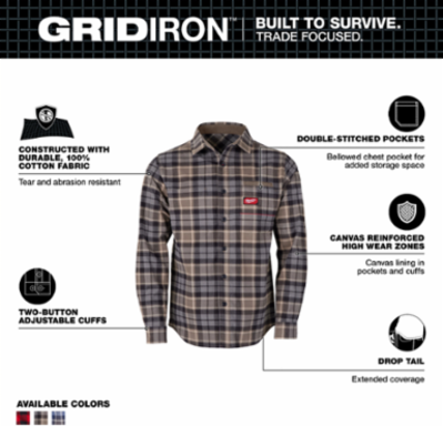 GRIDIRONTM Flannel Shirt Gray XL, 100% Cotton, 3-Pocket Design