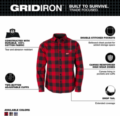 GRIDIRONTM Flannel Shirt Red X-Large, 100% Cotton Heavyweight Fabric, 3-Pocket Design