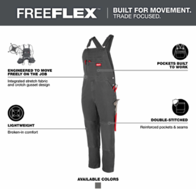 FREEFLEX Unlined Bib Overalls 34x32, 9 Pockets, Water Resistant, Gray