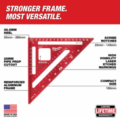 180 mm Rafter Square, Extruded Aluminum, 7.25 Inch Length, Scribe Notches 25 mm to 145 mm