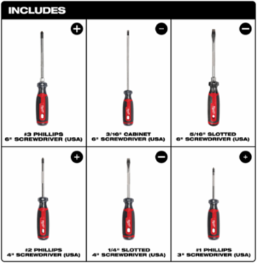 6-Piece Cushion Grip Screwdriver Set, 3-6 Inch Lengths, High-Strength Steel