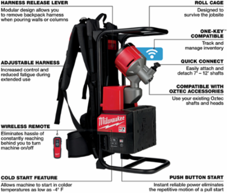 MX FUEL Backpack Concrete Vibrator Kit, Push 2-1/2 Inch Head, 70 yds³/Charge