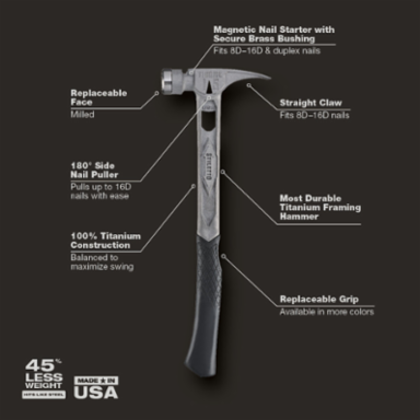 STILETTO® TIBONE™ 15oz Titanium Framing Hammer, Milled Face, Curved Handle