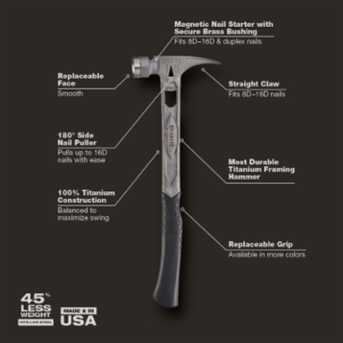Stiletto TIBONE™ 15oz Titanium Framing Hammer with Magnetic Nail Starter, Curved Handle