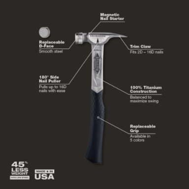 Titanium Finish Hammer 10oz with Smooth Steel Face, 14 Inch Handle, Magnetic Nail Starter