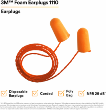 3M™ Foam Earplugs 1110, Corded, 500 Pair/Case