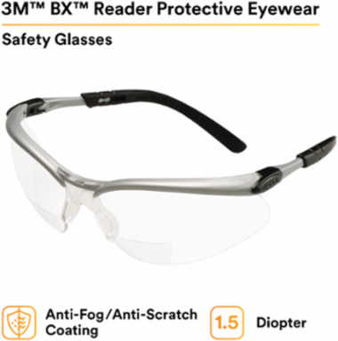 3M™ BX™ Reader Protective Eyewear 11374-00000-20, Clear Lens, Silver Frame, +1.5 Diopter, 20 ea/Case