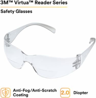 3M™ Virtua™ Reader Protective Eyewear 11514-00000-20 Clear Anti-Fog Lens, Clear Temple, +2.0 Diopter 20 EA/Case