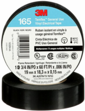 3M TEMFLEX GENERAL USE VINYL ELECTRICAL TAPE 165, BLACK, 19 MM X 18 M (3/4 IN X 60 FT), 0.15 MM (6 MIL)