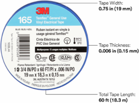 LEX GENERAL USE VINYL ELECTRICAL TAPE 165, BLUE, 19 MM X 18 M (3/4 IN X 60 FT), 0.15 MM (6 MIL)