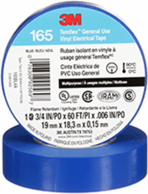 3M TEMFLEX GENERAL USE VINYL ELECTRICAL TAPE 165, BLUE, 19 MM X 18 M (3/4 IN X 60 FT), 0.15 MM (6 MIL)
