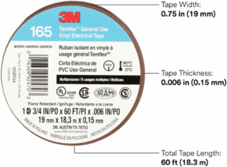 LEX GENERAL USE VINYL ELECTRICAL TAPE 165, BROWN, 19 MM X 18 M (3/4 IN X 60 FT), 0.15 MM (6 MIL)