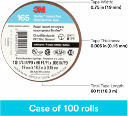 LEX GENERAL USE VINYL ELECTRICAL TAPE 165, BROWN, 19 MM X 18 M (3/4 IN X 60 FT), 0.15 MM (6 MIL)