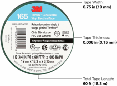 LEX GENERAL USE VINYL ELECTRICAL TAPE 165, GREEN, 19 MM X 18 M (3/4 IN X 60 FT), 0.15 MM (6 MIL)