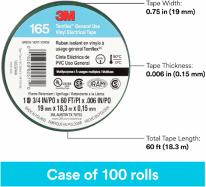 LEX GENERAL USE VINYL ELECTRICAL TAPE 165, GREEN, 19 MM X 18 M (3/4 IN X 60 FT), 0.15 MM (6 MIL)
