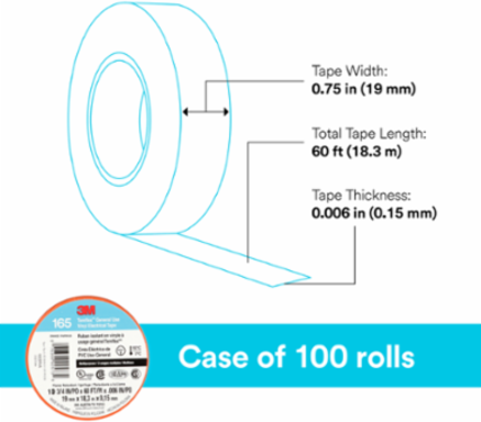 3M™ Temflex™ Vinyl Electrical Tape 165, Orange, 3/4 in x 60 ft (19 mm x 18 m), 6 mil, 100 Rolls/Case