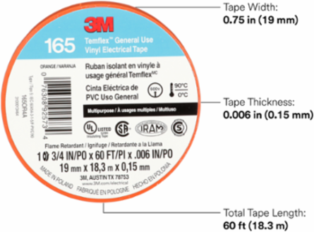 3M™ Temflex™ Vinyl Electrical Tape 165, Orange, 3/4 in x 60 ft (19 mm x 18 m), 6 mil, 100 Rolls/Case