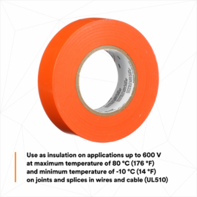 3M™ Temflex™ Vinyl Electrical Tape 165, Orange, 3/4 in x 60 ft (19 mm x 18 m), 6 mil, 100 Rolls/Case