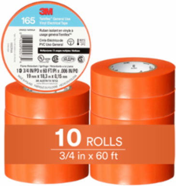 3M™ Temflex™ Vinyl Electrical Tape 165, Orange, 3/4 in x 60 ft (19 mm x 18 m), 6 mil, 100 Rolls/Case