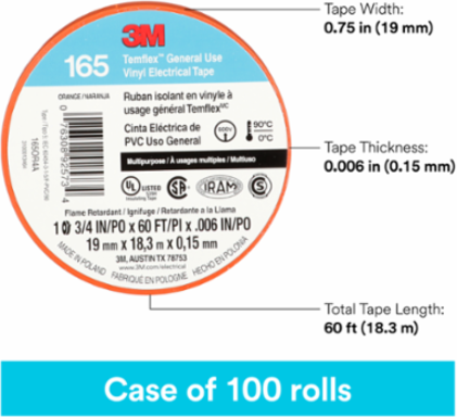 3M™ Temflex™ Vinyl Electrical Tape 165, Orange, 3/4 in x 60 ft (19 mm x 18 m), 6 mil, 100 Rolls/Case
