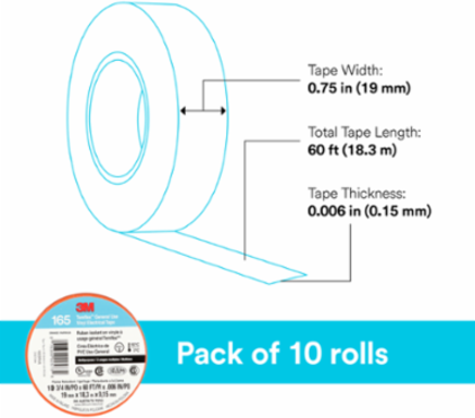 3M™ Temflex™ Vinyl Electrical Tape 165, Orange, 3/4 in x 60 ft (19 mm x 18 m), 6 mil, 100 Rolls/Case