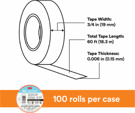3M™ Temflex™ Vinyl Electrical Tape 165, Orange, 3/4 in x 60 ft (19 mm x 18 m), 6 mil, 100 Rolls/Case