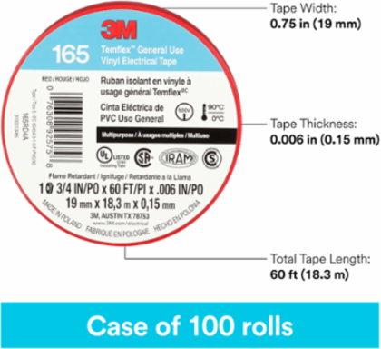 LEX GENERAL USE VINYL ELECTRICAL TAPE 165, RED, 19 MM X 18 M (3/4 IN X 60 FT), 0.15 MM (6 MIL)