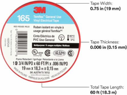 LEX GENERAL USE VINYL ELECTRICAL TAPE 165, RED, 19 MM X 18 M (3/4 IN X 60 FT), 0.15 MM (6 MIL)