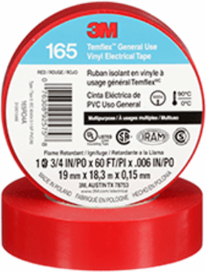 3M TEMFLEX GENERAL USE VINYL ELECTRICAL TAPE 165, RED, 19 MM X 18 M (3/4 IN X 60 FT), 0.15 MM (6 MIL)