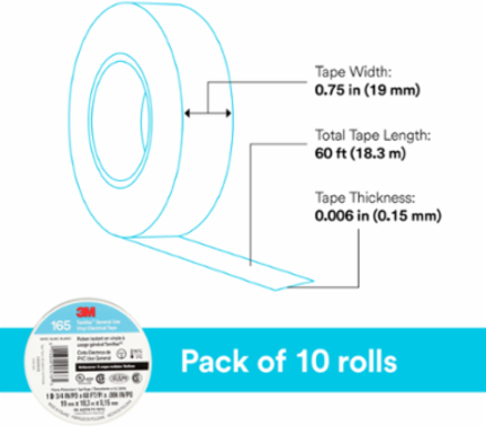 LEX GENERAL USE VINYL ELECTRICAL TAPE 165, WHITE, 19 MM X 18 M (3/4 IN X 60 FT), 0.15 MM (6 MIL)