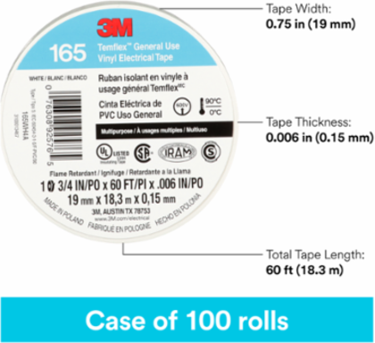 LEX GENERAL USE VINYL ELECTRICAL TAPE 165, WHITE, 19 MM X 18 M (3/4 IN X 60 FT), 0.15 MM (6 MIL)