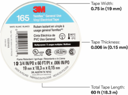 LEX GENERAL USE VINYL ELECTRICAL TAPE 165, WHITE, 19 MM X 18 M (3/4 IN X 60 FT), 0.15 MM (6 MIL)