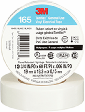 3M TEMFLEX GENERAL USE VINYL ELECTRICAL TAPE 165, WHITE, 19 MM X 18 M (3/4 IN X 60 FT), 0.15 MM (6 MIL)