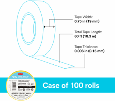 LEX GENERAL USE VINYL ELECTRICAL TAPE 165, YELLOW, 19 MM X 18 M (3/4 IN X 60 FT), 0.15 MM (6 MIL)