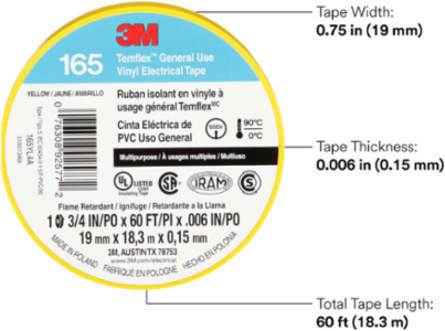 LEX GENERAL USE VINYL ELECTRICAL TAPE 165, YELLOW, 19 MM X 18 M (3/4 IN X 60 FT), 0.15 MM (6 MIL)
