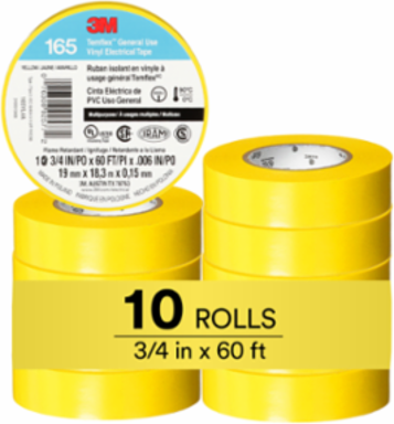 LEX GENERAL USE VINYL ELECTRICAL TAPE 165, YELLOW, 19 MM X 18 M (3/4 IN X 60 FT), 0.15 MM (6 MIL)