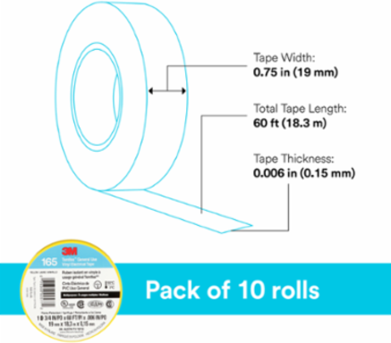 LEX GENERAL USE VINYL ELECTRICAL TAPE 165, YELLOW, 19 MM X 18 M (3/4 IN X 60 FT), 0.15 MM (6 MIL)