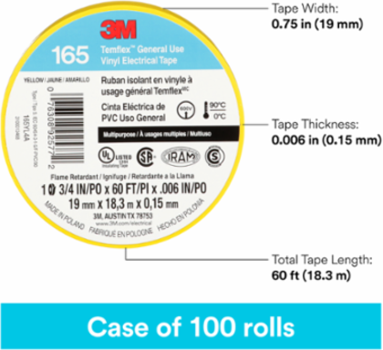 LEX GENERAL USE VINYL ELECTRICAL TAPE 165, YELLOW, 19 MM X 18 M (3/4 IN X 60 FT), 0.15 MM (6 MIL)