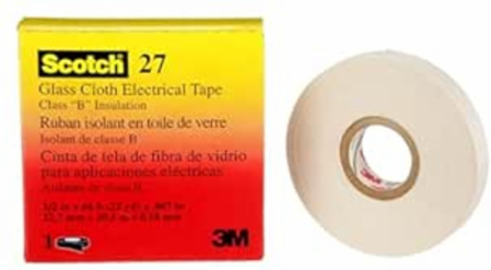 SCOTCH 27 GLASS CLOTH ELECTRICAL TAPE, WHITE, 1/2 IN X 66 FT, RUBBER THERMOSETTING ADHESIVE, 1 IN CORE