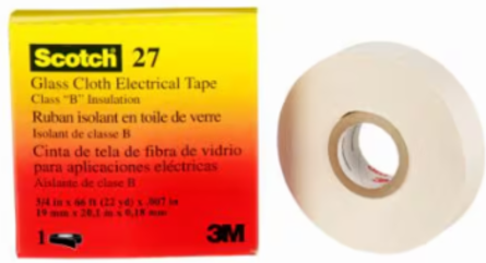 SCOTCH 27 GLASS CLOTH ELECTRICAL TAPE, WHITE, 3/4 IN X 66 FT, RUBBER THERMOSETTING ADHESIVE, 1 IN CORE