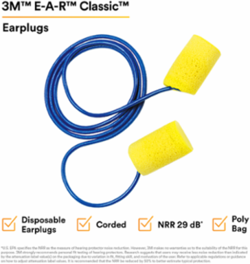 3M™ E-A-R™ Classic™ Earplugs 311-1101, Corded, Poly Bag, 2000 Pair/Case