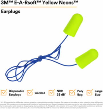 3M™ E-A-Rsoft™ Yellow Neons™ Earplugs 311-1251, Corded, Poly Bag, Large Size, 2000 Pair/Case