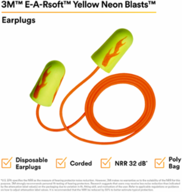 3M™ E-A-Rsoft™ Yellow Neon Blasts™ Earplugs 311-1252, Corded, Poly Bag, Regular Size, 2000 Pair/Case