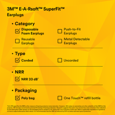 3M™ E-A-Rsoft™ SuperFit™ Earplugs 311-1254, Corded, Poly Bag, Regular Size, 2000 Pair/Case