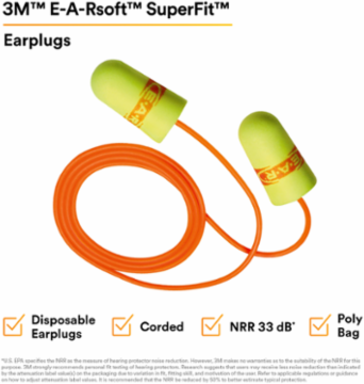 3M™ E-A-Rsoft™ SuperFit™ Earplugs 311-1254, Corded, Poly Bag, Regular Size, 2000 Pair/Case