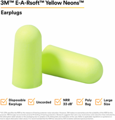 3M™ E-A-Rsoft™ Yellow Neons™ Earplugs 312-1251, Uncorded, Poly Bag, Large Size, 2000 Pair/Case
