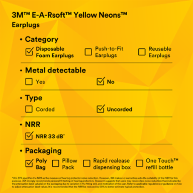 3M™ E-A-Rsoft™ Yellow Neons™ Earplugs 312-1251, Uncorded, Poly Bag, Large Size, 2000 Pair/Case