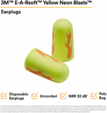 3M™ E-A-Rsoft™ Yellow Neon Blasts™ Earplugs 312-1252, Uncorded, Poly Bag, Regular Size, 2000 Pair/Case